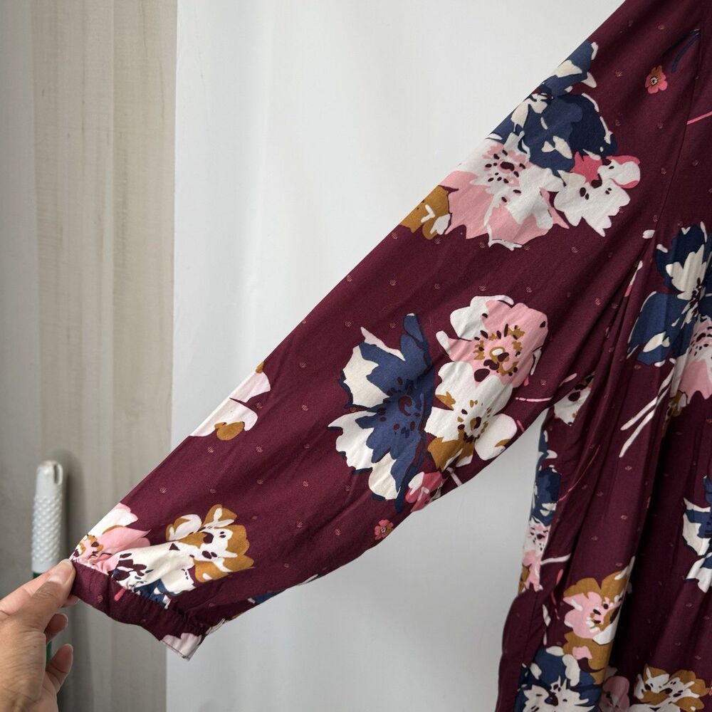 Old Navy Floral Swing Dress Womens 2XL Lace Up Pintucked Burgundy Boho Flowy - Picture 4 of 11